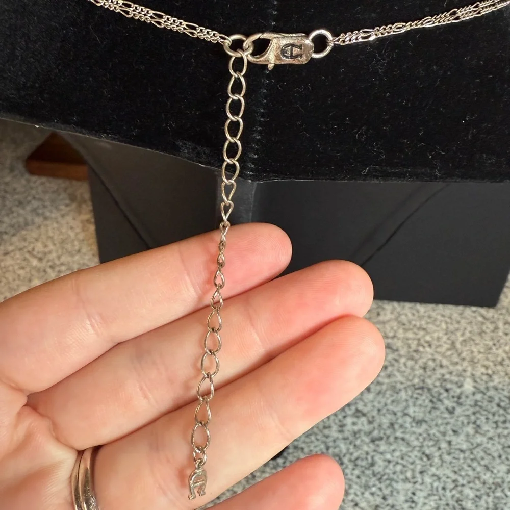 Etienne Aigner Silver Tone Double Chain Pendant Necklace – Black Stone